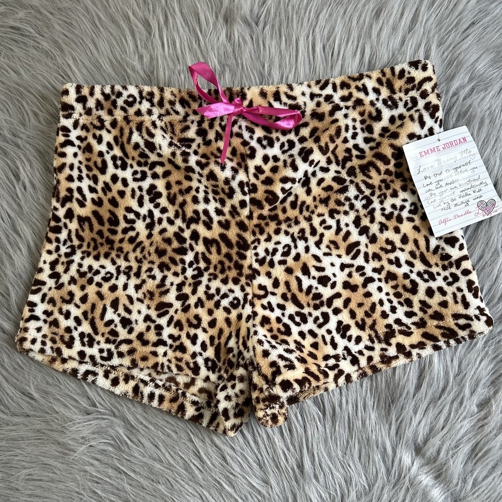 Emme Jordan Leopard Pajama Shorts Womens Size XL Brown Fuzzy Soft Pajamas Pjs
